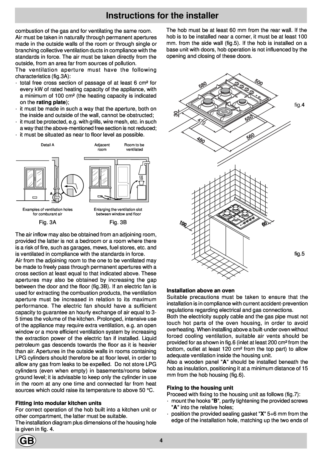 Indesit P 640 TC (IX) manual Instructions for the installer, Fitting into modular kitchen units, Installation above an oven 