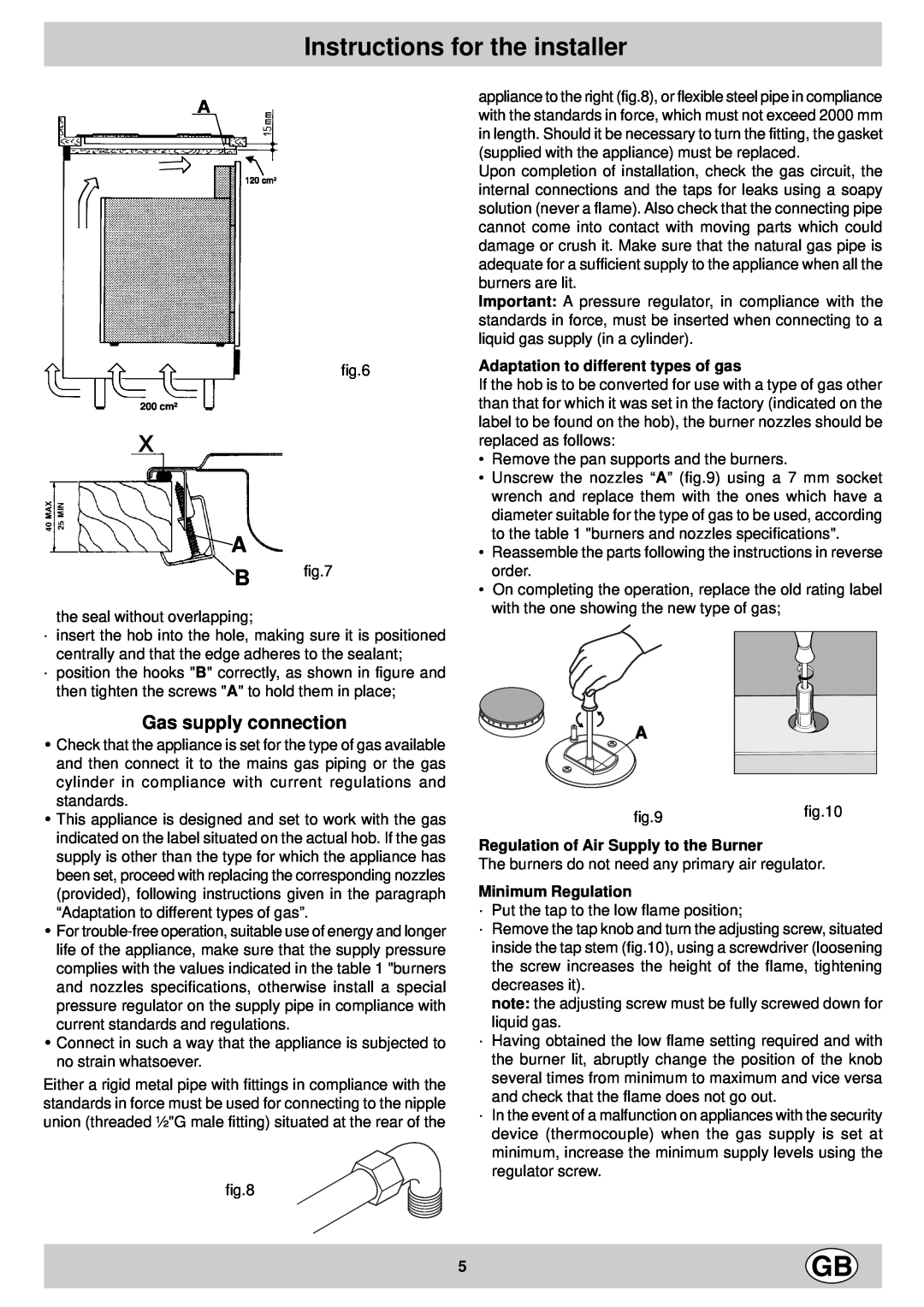 Indesit P 640 TC (IX) manual Gas supply connection, Instructions for the installer 