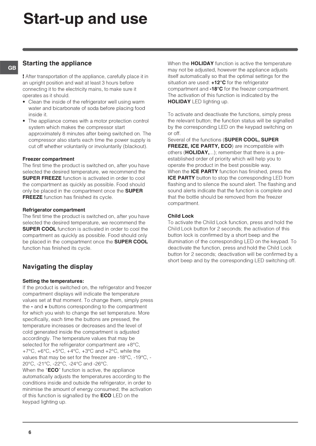 Indesit PBAA 34 NF D (UK) operating instructions Start-up and use, Starting the appliance, Navigating the display 