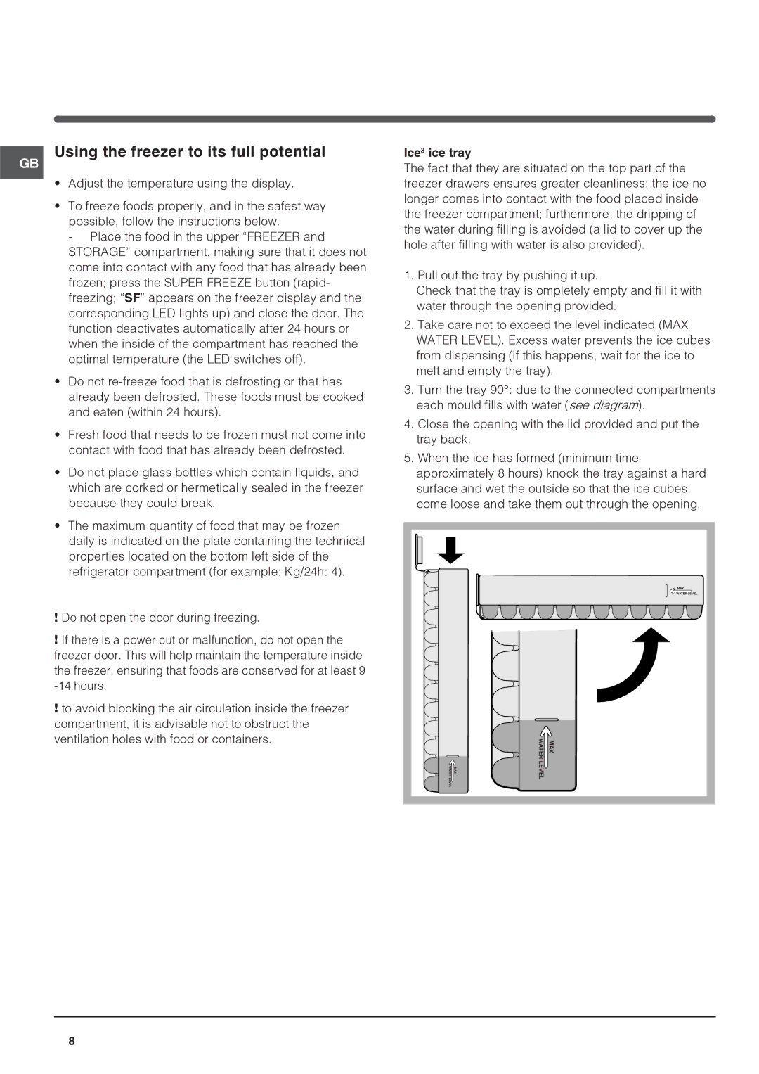 Indesit PBAA 34 NF D (UK) operating instructions Using the freezer to its full potential, Ice3 ice tray 