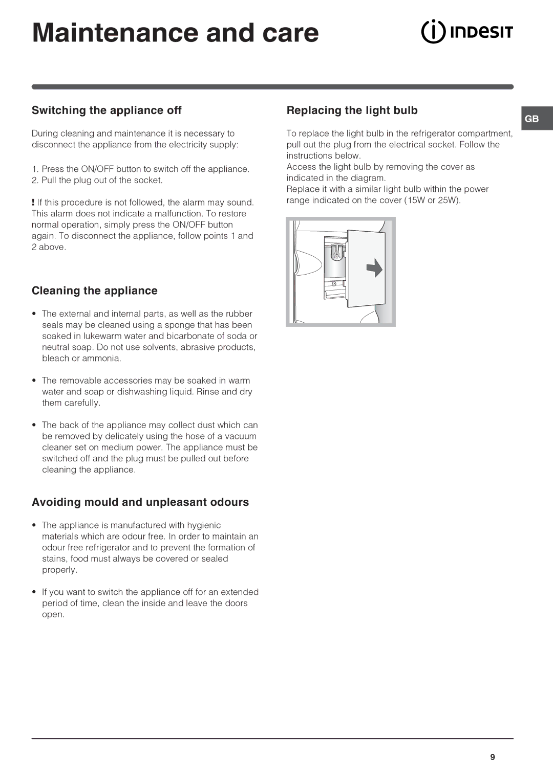 Indesit PBAA 34 NF D (UK) operating instructions Maintenance and care, Switching the appliance off, Cleaning the appliance 