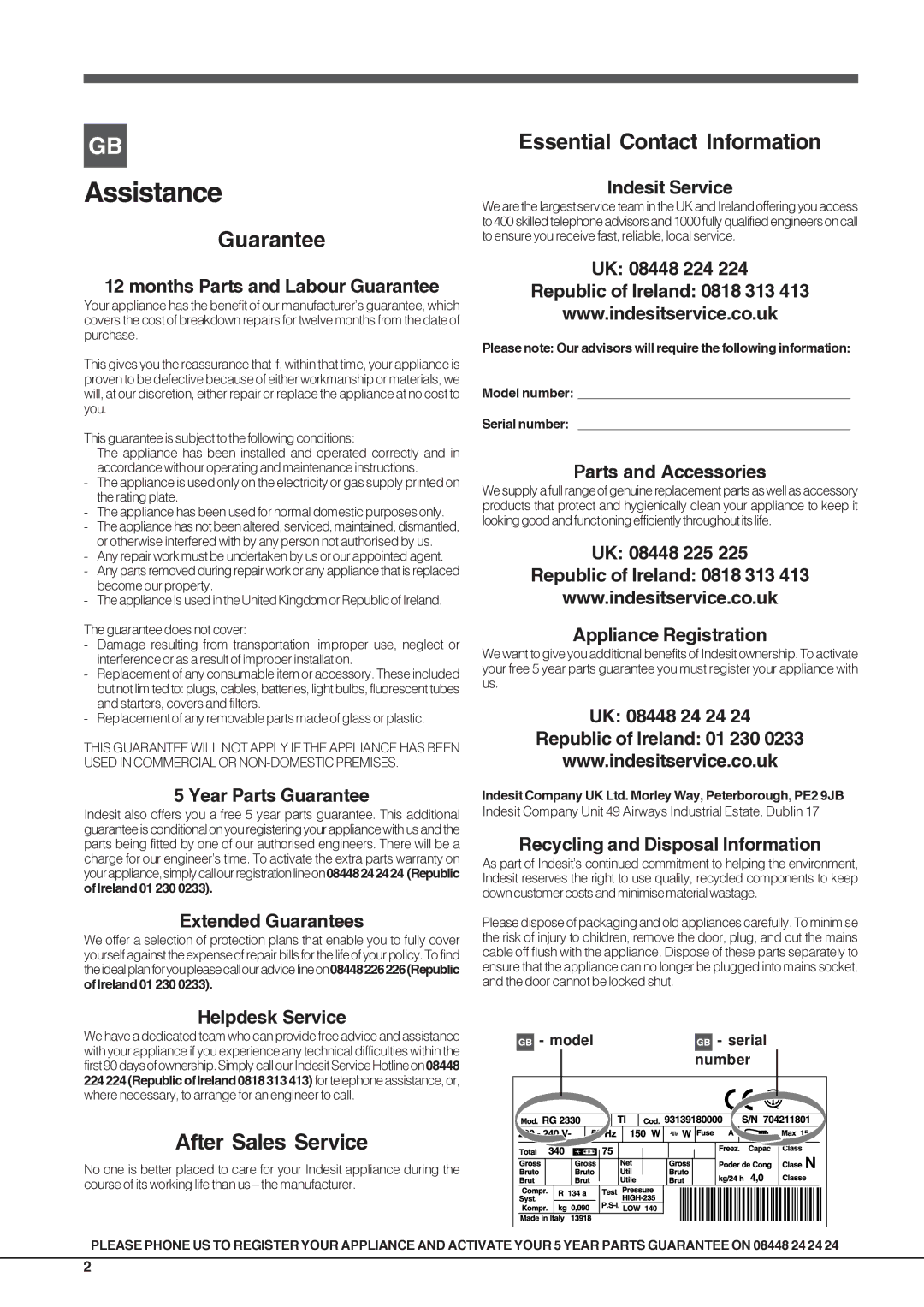 Indesit PBAAXXXX, PBAXXXX, PBAAAXXXX manual Assistance 