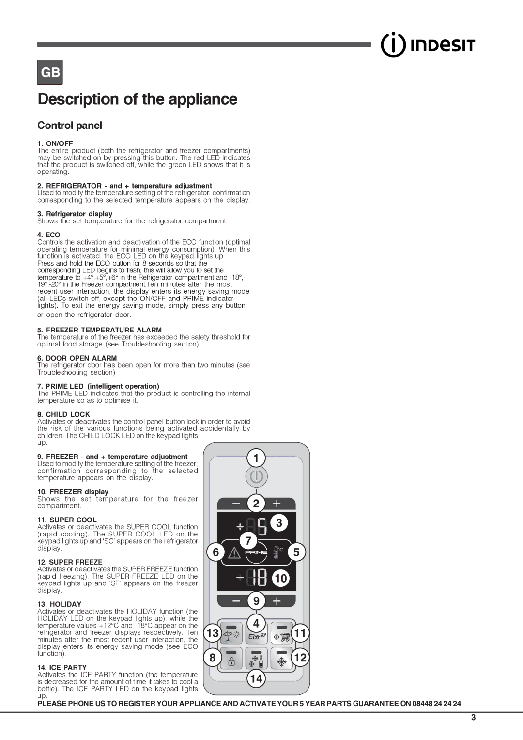 Indesit PBAXXXX, PBAAAXXXX, PBAAXXXX manual Description of the appliance, Control panel 