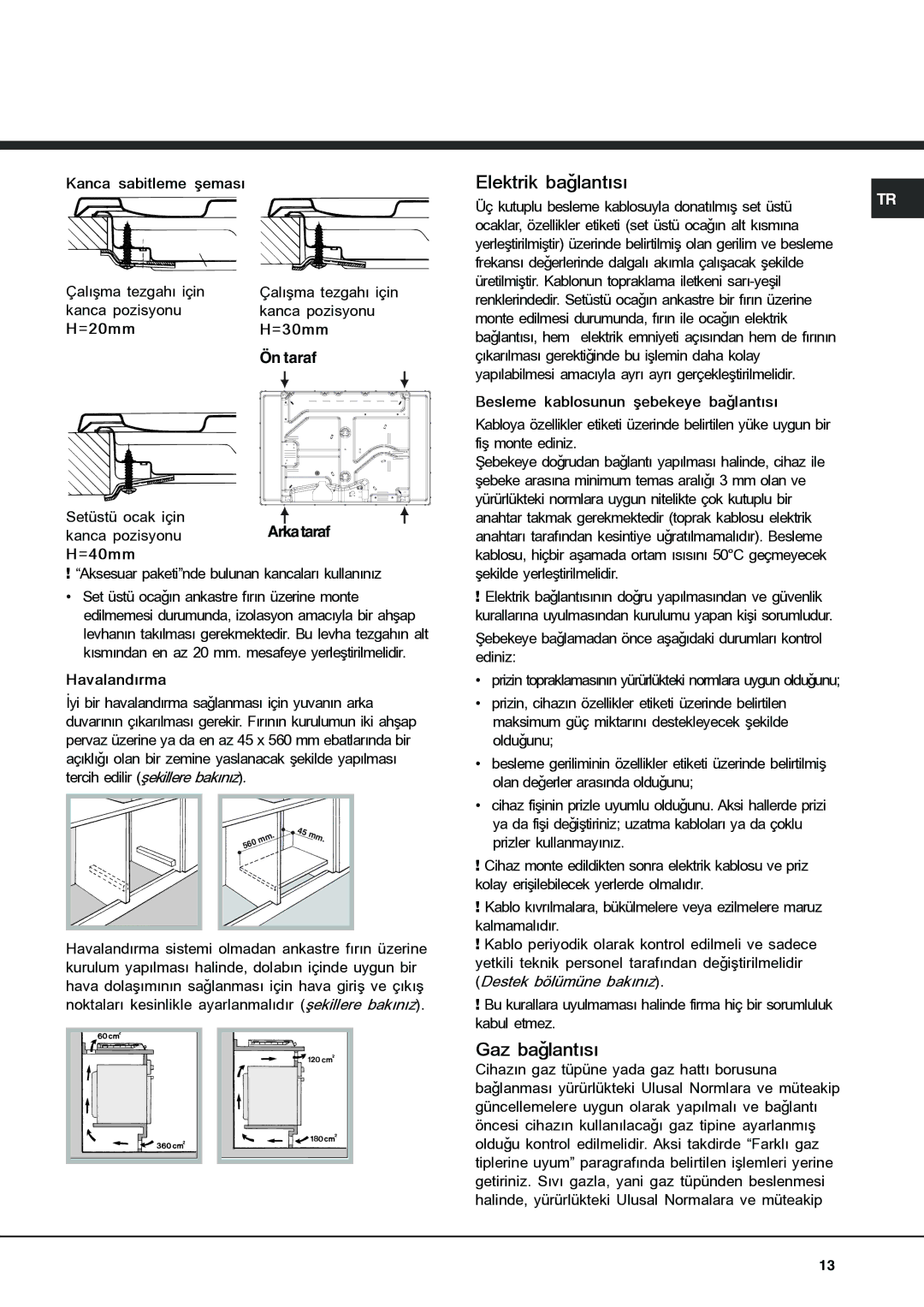 Indesit PC 640 T /HA, PC 640/HA Elektrik baðlantýsý, Gaz baðlantýsý, Kanca sabitleme þemasý Çalýþma tezgahý için 