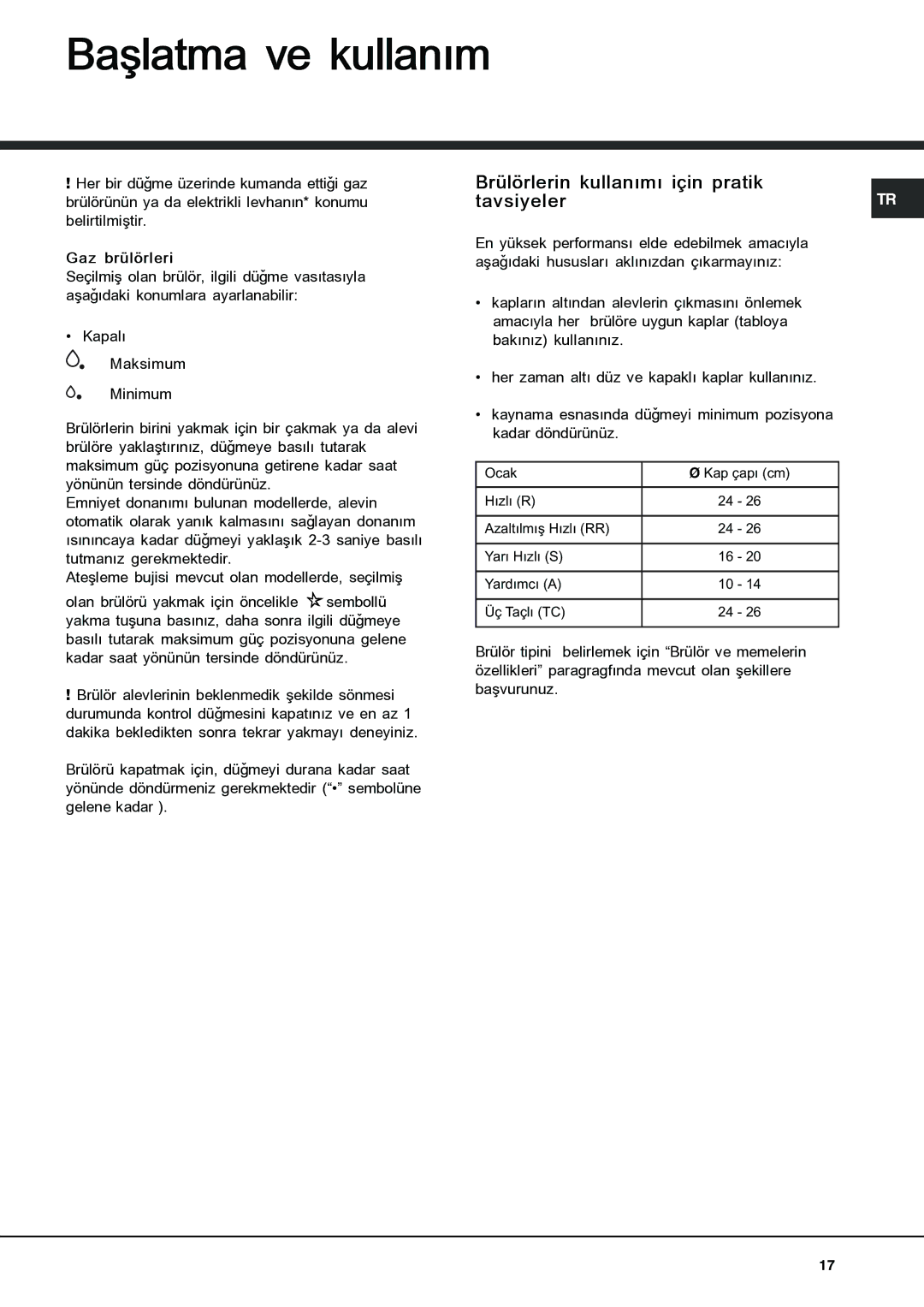 Indesit PC 640 T /HA, PC 640/HA, PC 640 T X/HA Baþlatma ve kullaným, Brülörlerin kullanýmý için pratik Tavsiyeler 