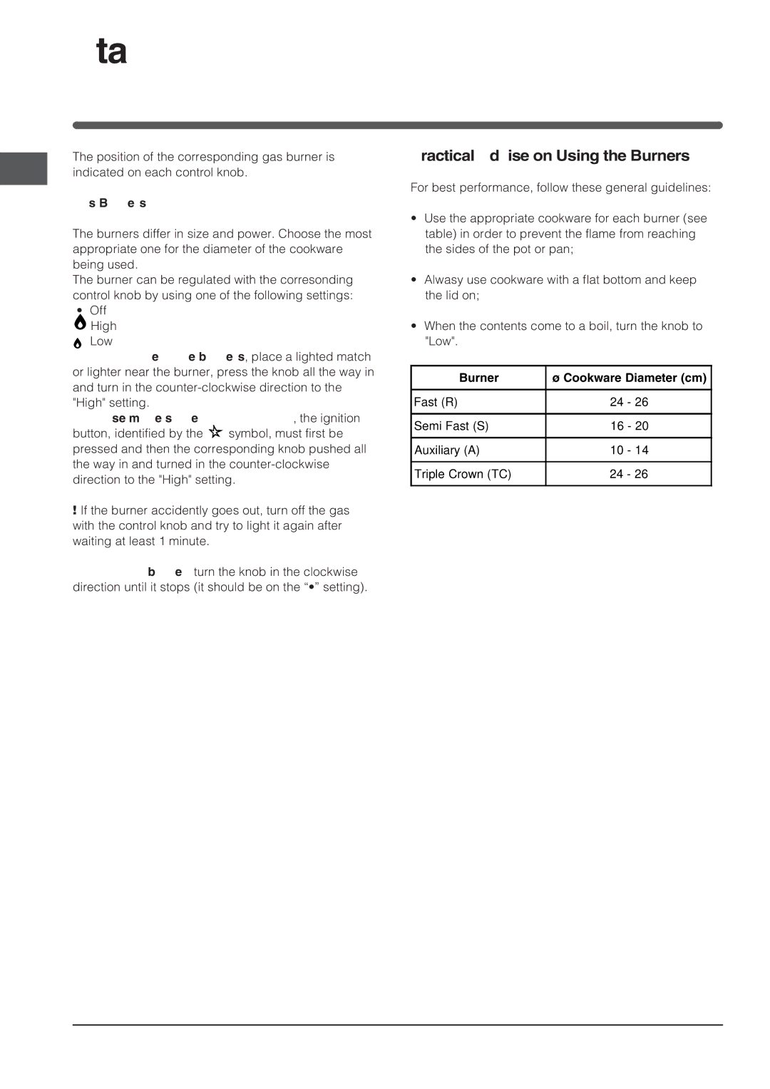 Indesit PI 640 A GB manual Start-up and use, Practical Advise on Using the Burners 