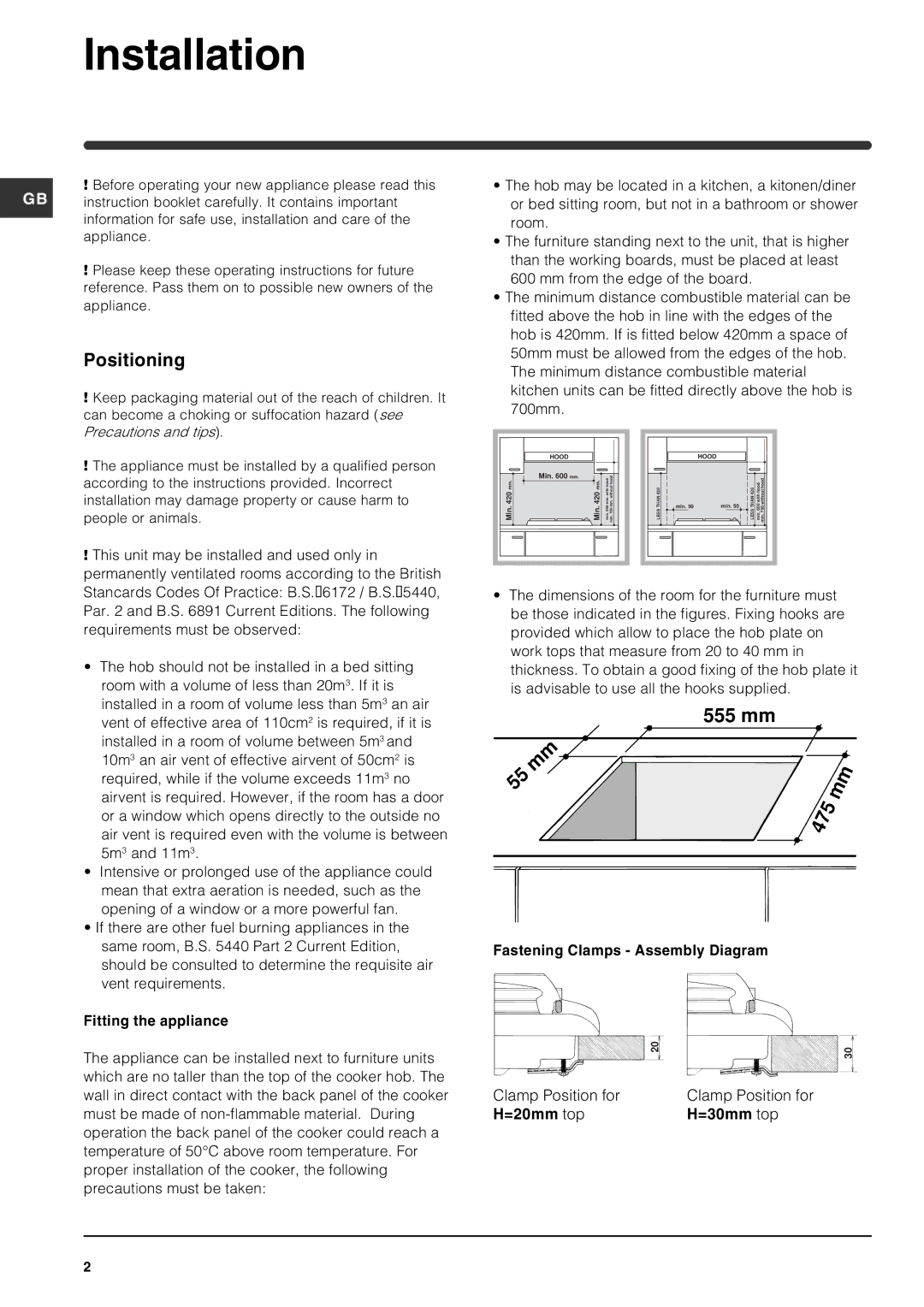 Indesit PI640 TC GB manual Installation, Positioning 