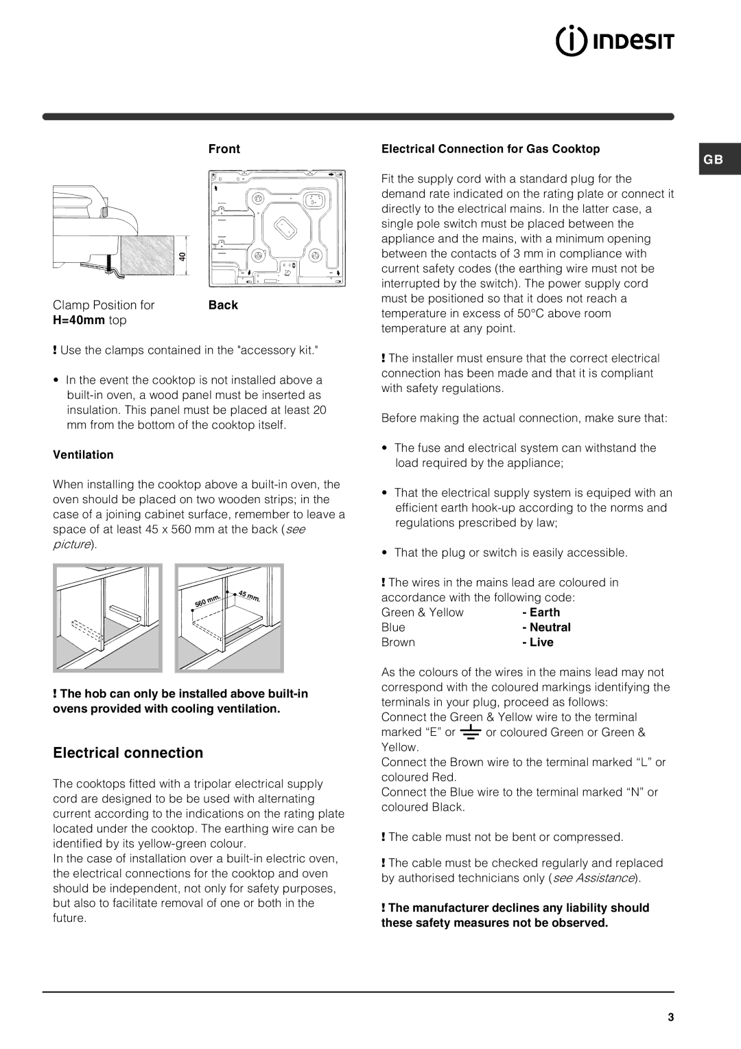 Indesit PI640 TC GB manual Electrical connection 