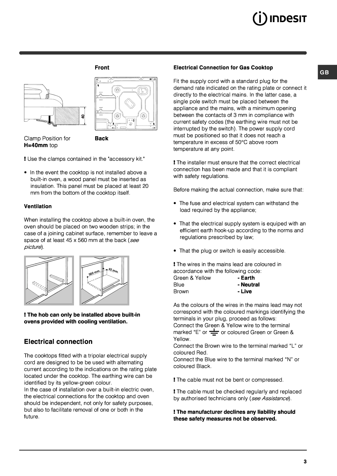 Indesit PI640 TC GB manual Electrical connection 