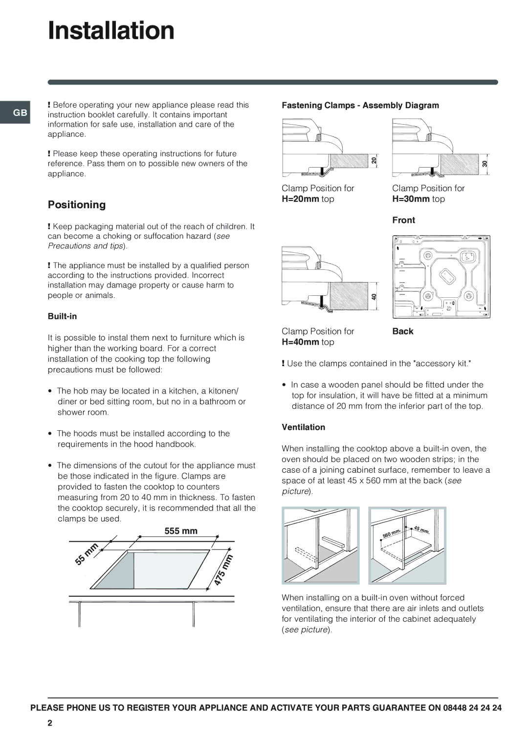 Indesit PIM 604GB, PI 604GB manual Installation, Positioning 