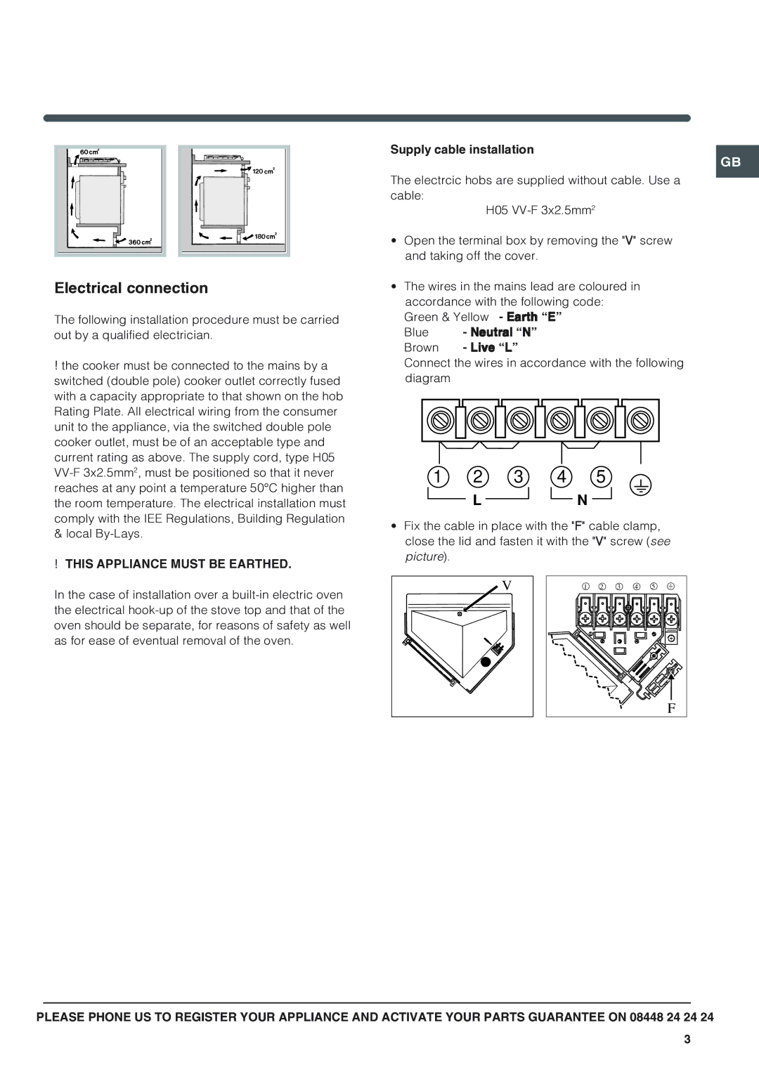 Indesit PI 604GB, PIM 604GB manual Electrical connection, Supply cable installation, Blue Neutral N Brown Live L 