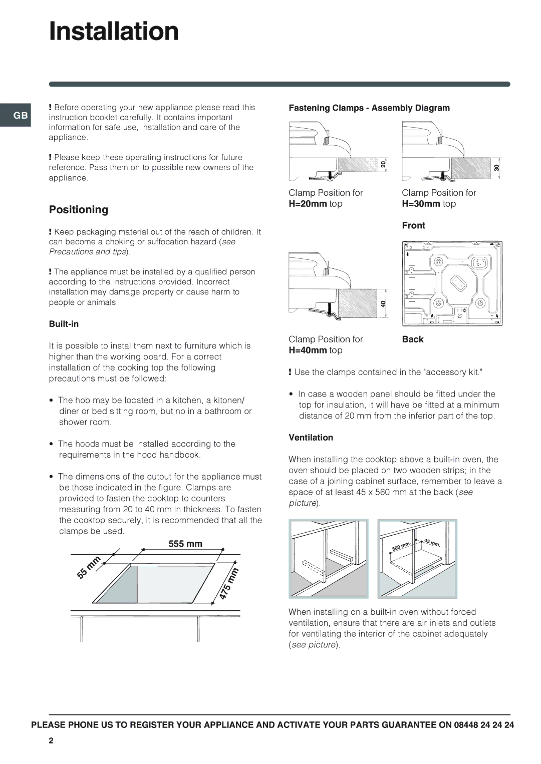 Indesit PIM 604GB manual Installation, Positioning 