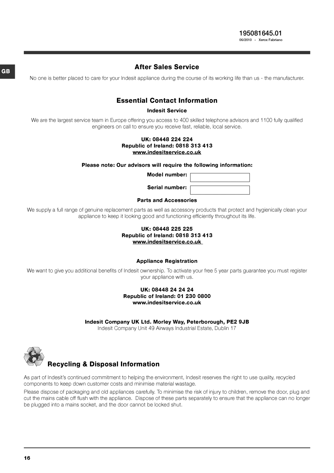 Indesit PWDC 8125 W 195081645.01, After Sales Service, Essential Contact Information, Recycling & Disposal Information 