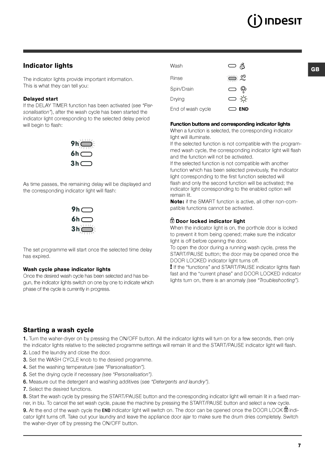 Indesit PWDC 8125 W instruction manual Indicator lights, Starting a wash cycle 