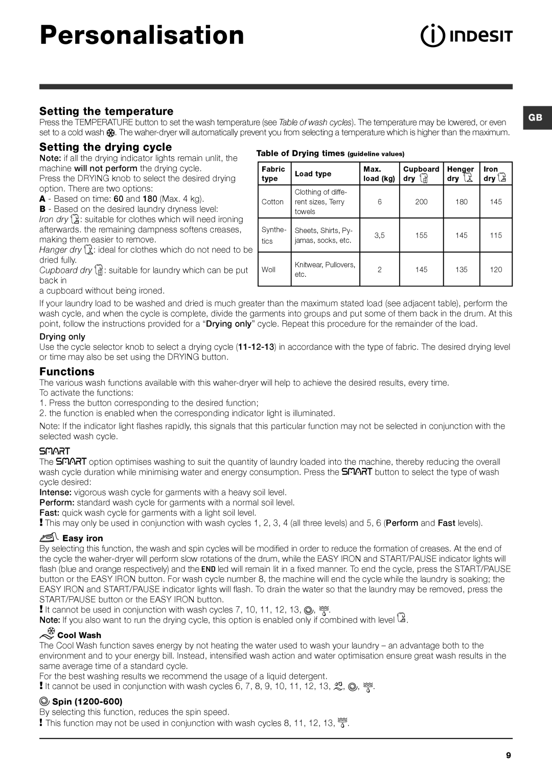 Indesit PWDC 8125 W instruction manual Personalisation, Setting the temperature, Setting the drying cycle, Functions 