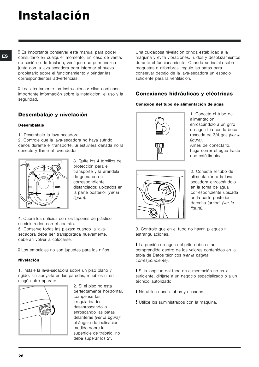 Indesit PWDE 7125 W manual Instalación, Desembalaje y nivelación, Conexiones hidráulicas y eléctricas 