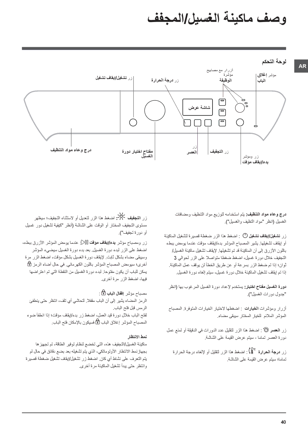 Indesit PWDE 7125 W manual ففجملا/ليسغلا ةنيكام فصو, مكحتلا ةحول 