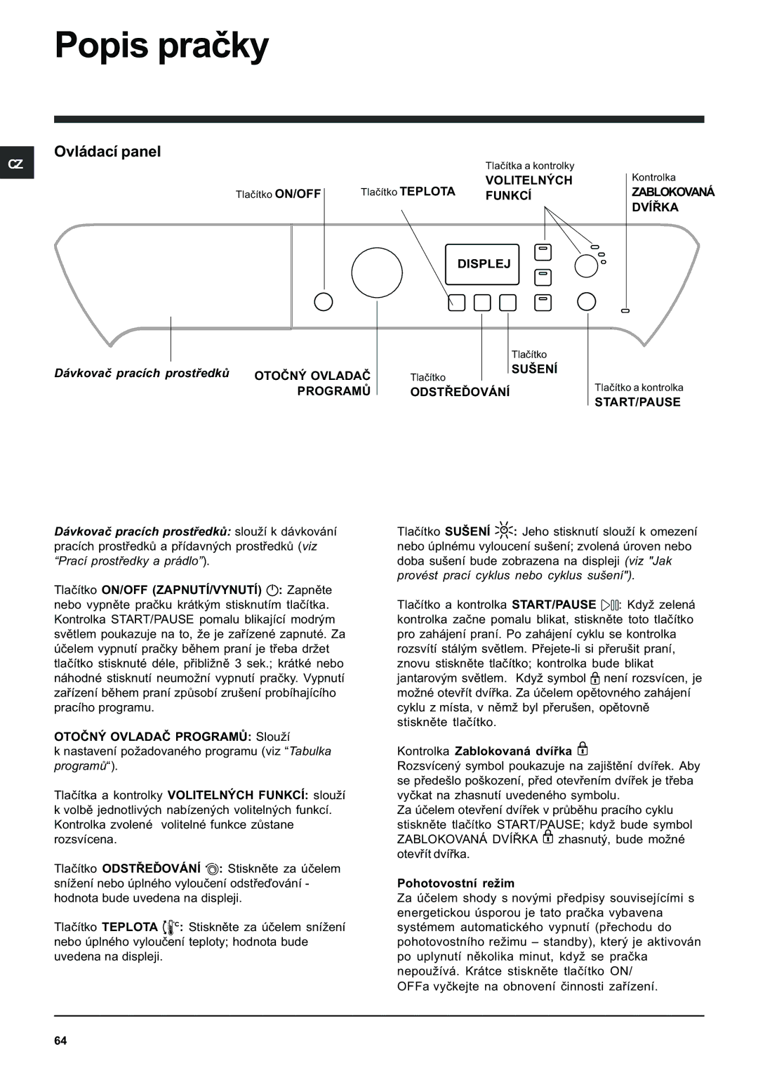 Indesit PWDE 7125 W manual Popis praèky, Ovládací panel 