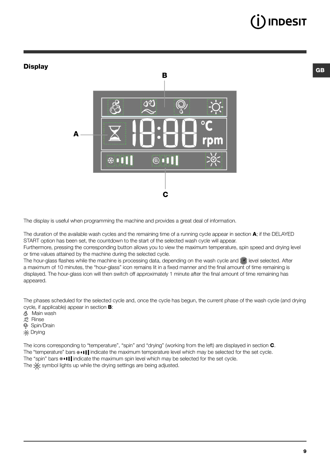 Indesit PWDE 8147 S instruction manual Display 