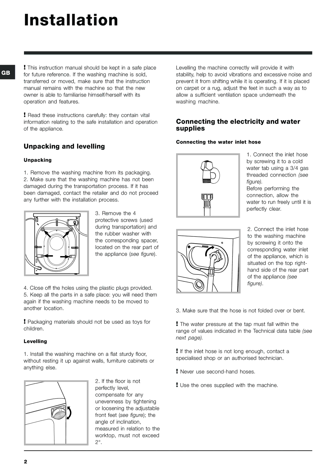 Indesit PWE 8128 W manual Installation, Unpacking and levelling, Connecting the electricity and water supplies 