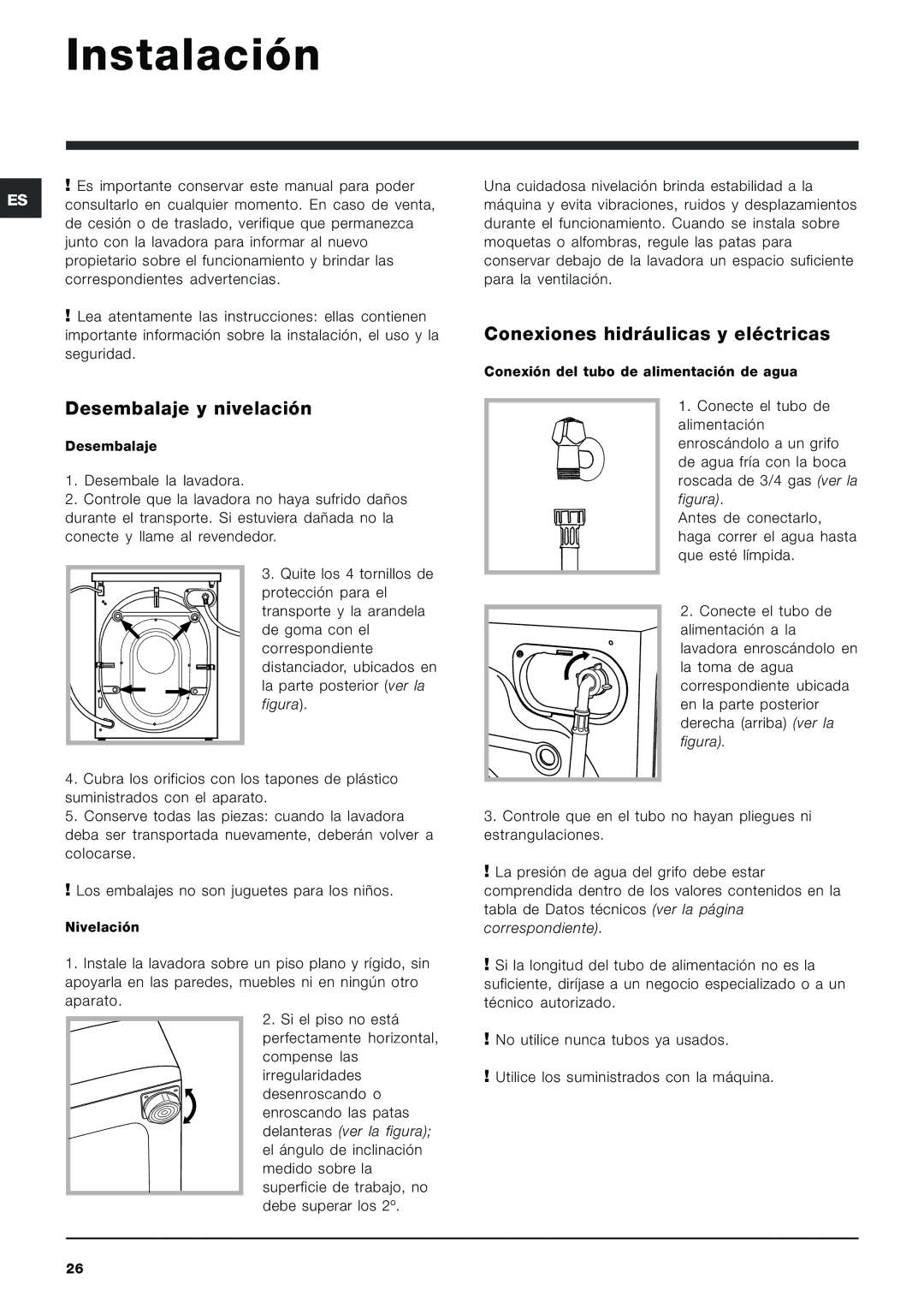 Indesit PWE 8128 W manual Instalación, Desembalaje y nivelación, Conexiones hidráulicas y eléctricas 