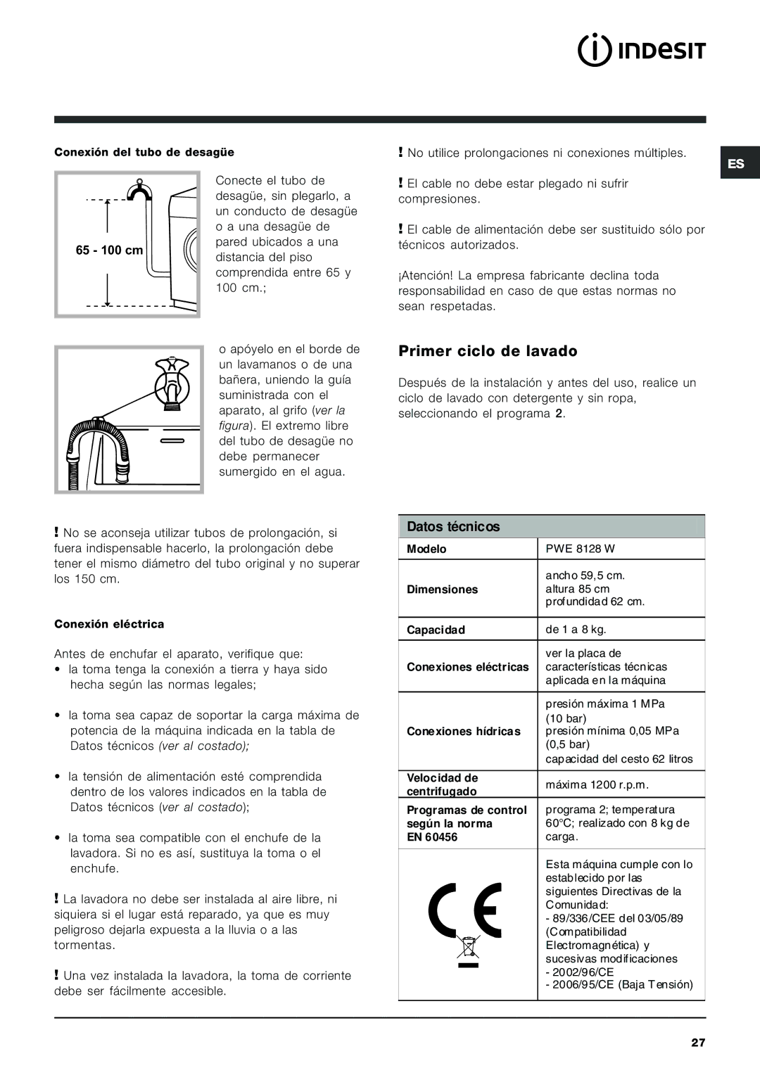 Indesit PWE 8128 W manual Primer ciclo de lavado, Datos técnicos 