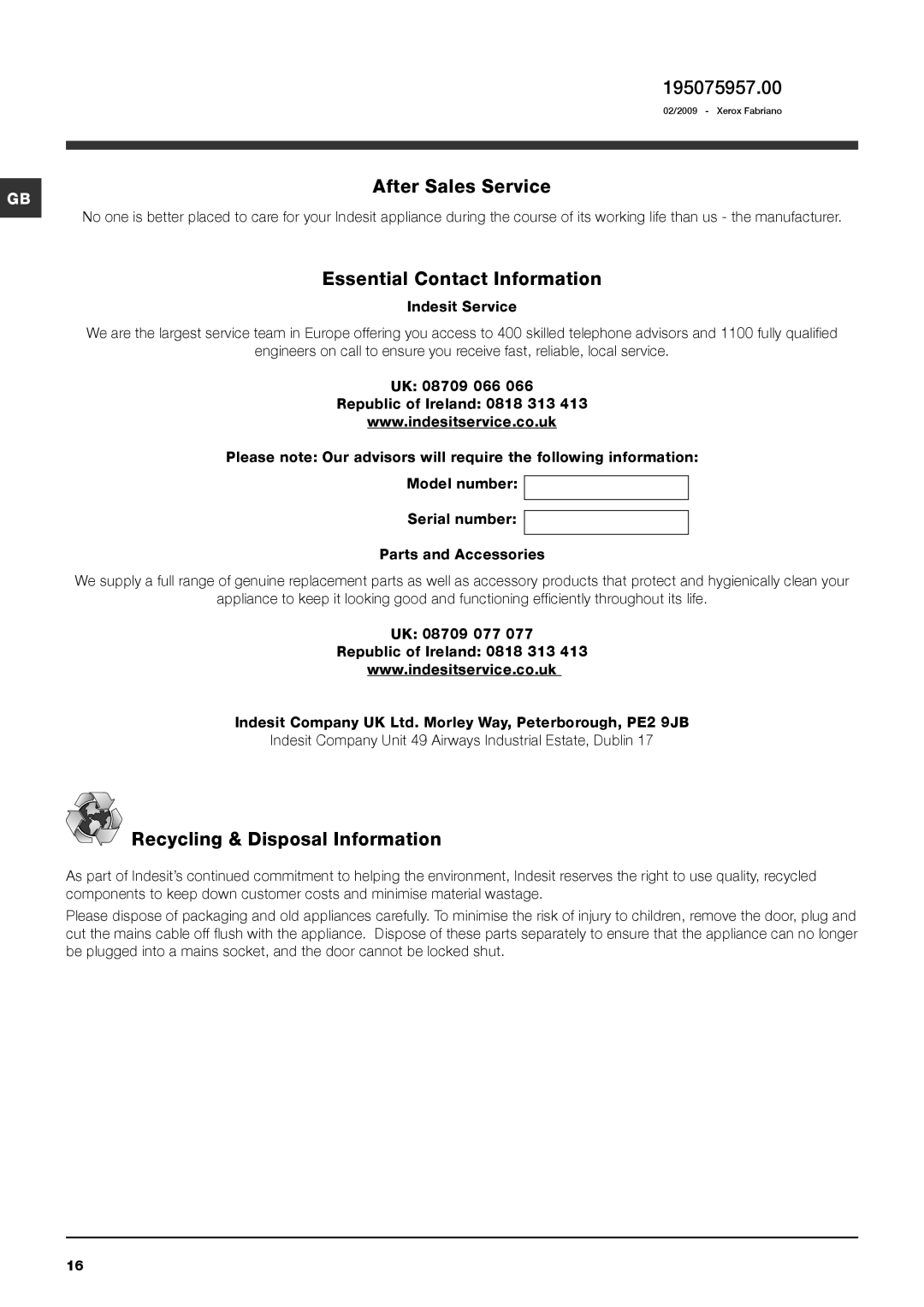 Indesit PWE 8148 S 195075957.00, After Sales Service, Essential Contact Information, Recycling & Disposal Information 