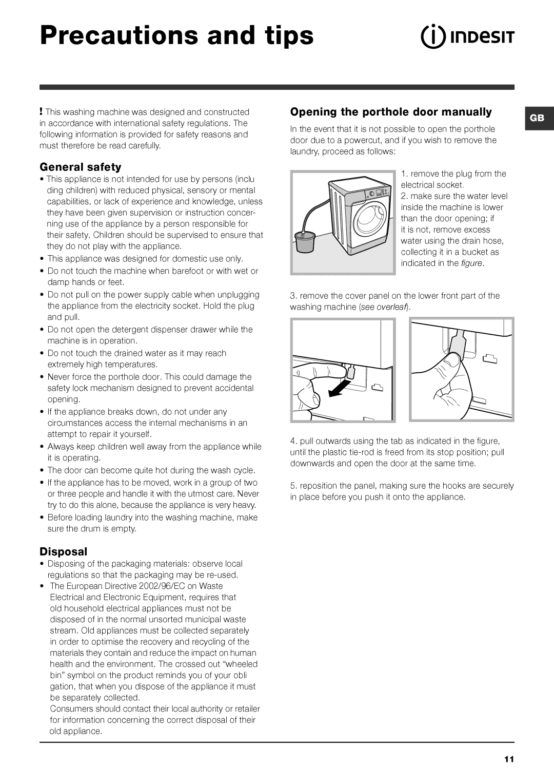 Indesit PWE 8148 W manual Precautions and tips, General safety, Disposal, European Directive 2002/96/EC on Waste 