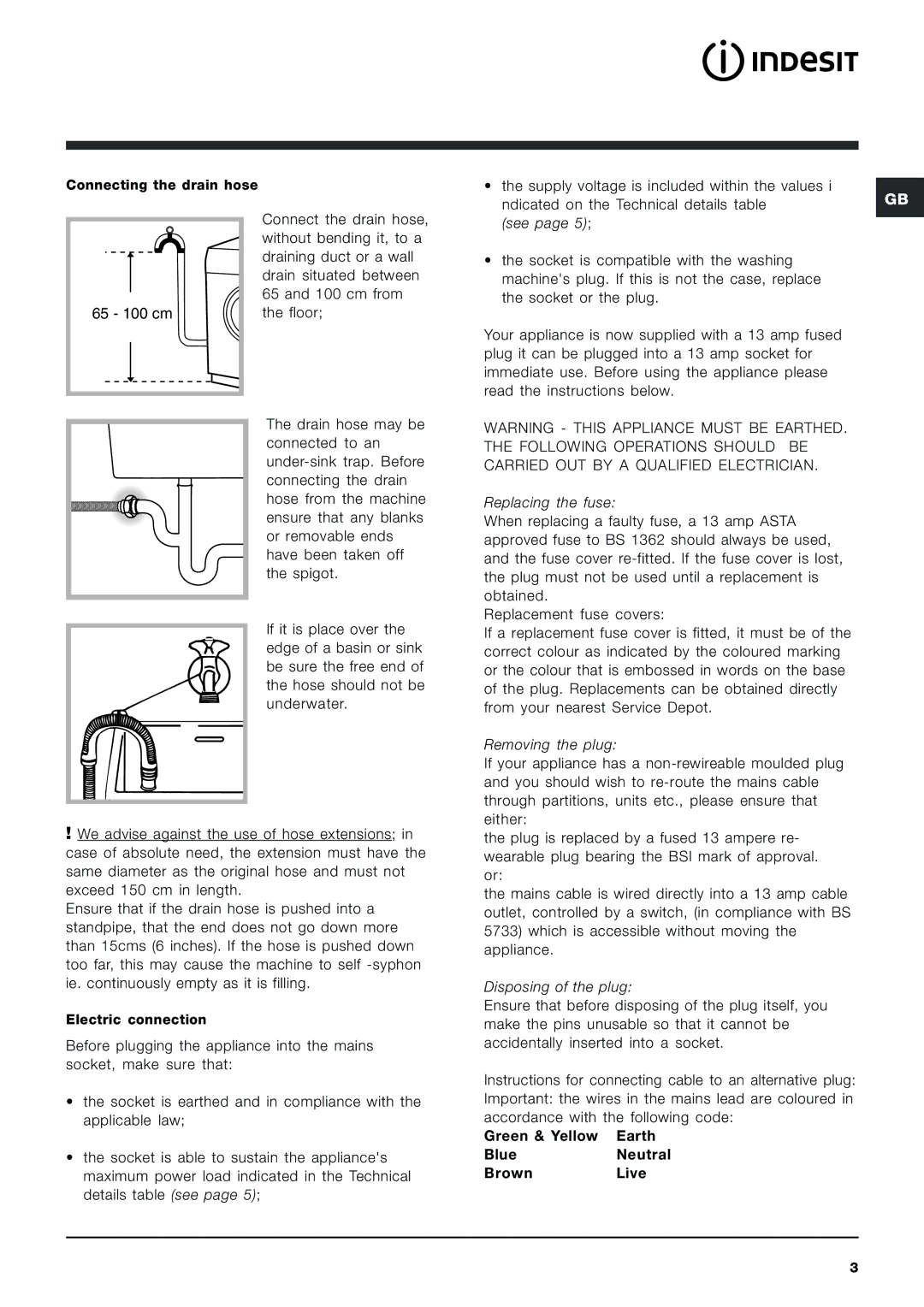 Indesit PWE 8168 manual Connecting the drain hose 