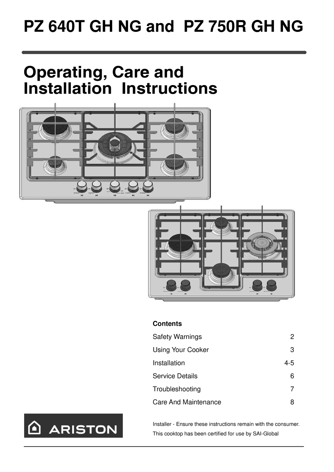 Indesit PZ 750R GH NG, PZ 640T GH NG installation instructions Contents 