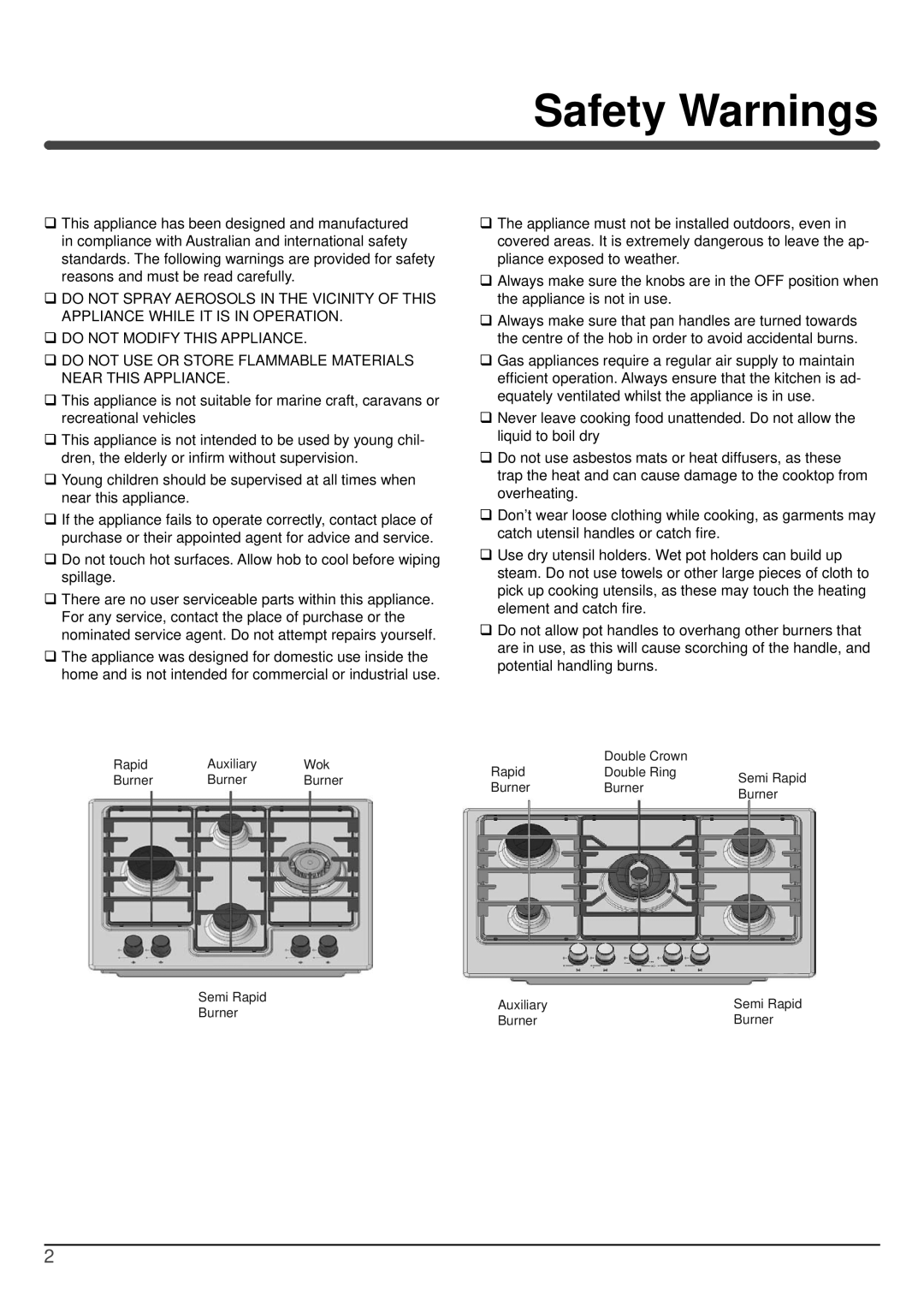 Indesit PZ 640T GH NG, PZ 750R GH NG installation instructions Safety Warnings 