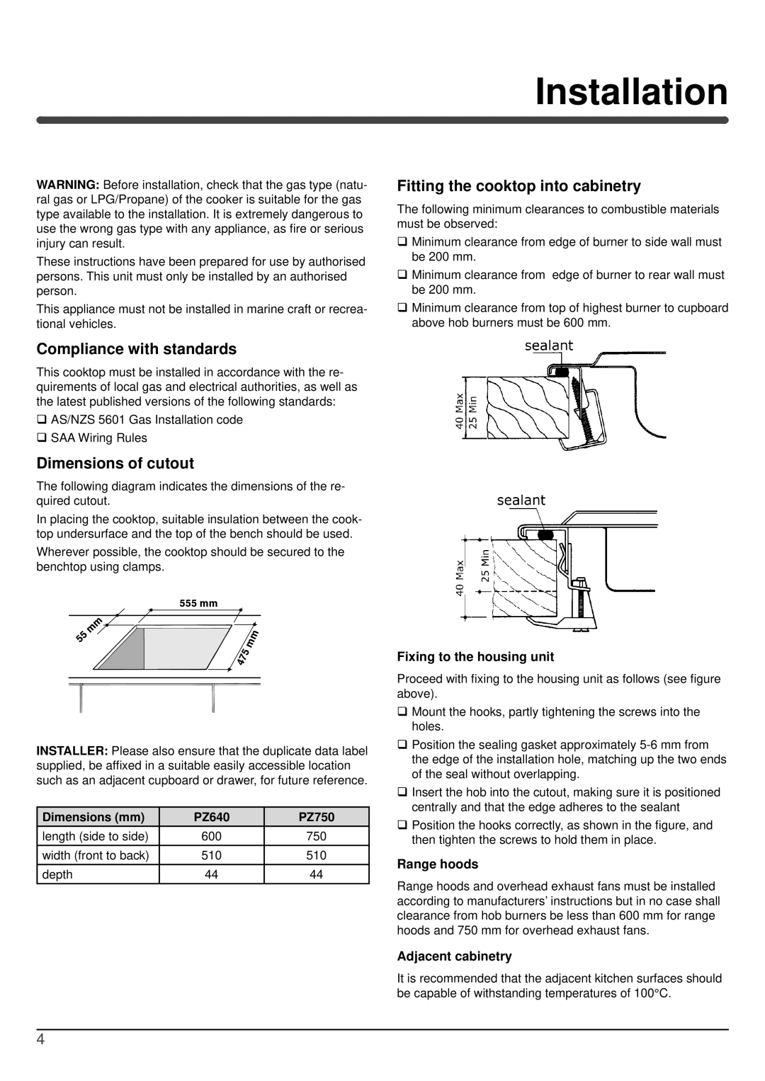 Indesit PZ 640T GH NG Installation, Compliance with standards, Dimensions of cutout, Fitting the cooktop into cabinetry 