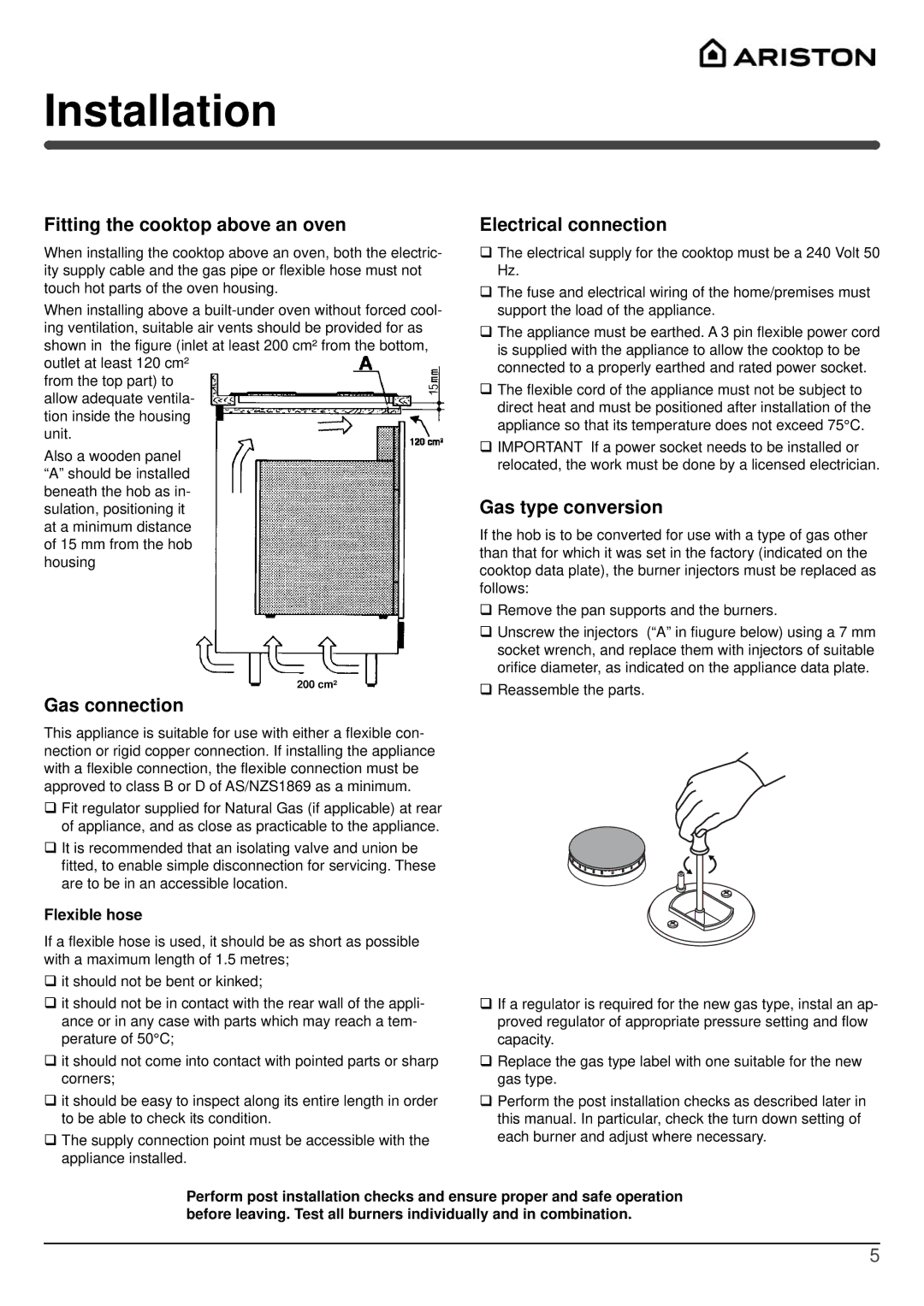 Indesit PZ 750R GH NG Fitting the cooktop above an oven, Gas connection Electrical connection, Gas type conversion 