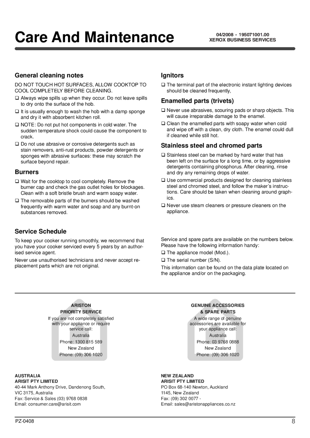 Indesit PZ 640T GH NG, PZ 750R GH NG installation instructions Care And Maintenance 