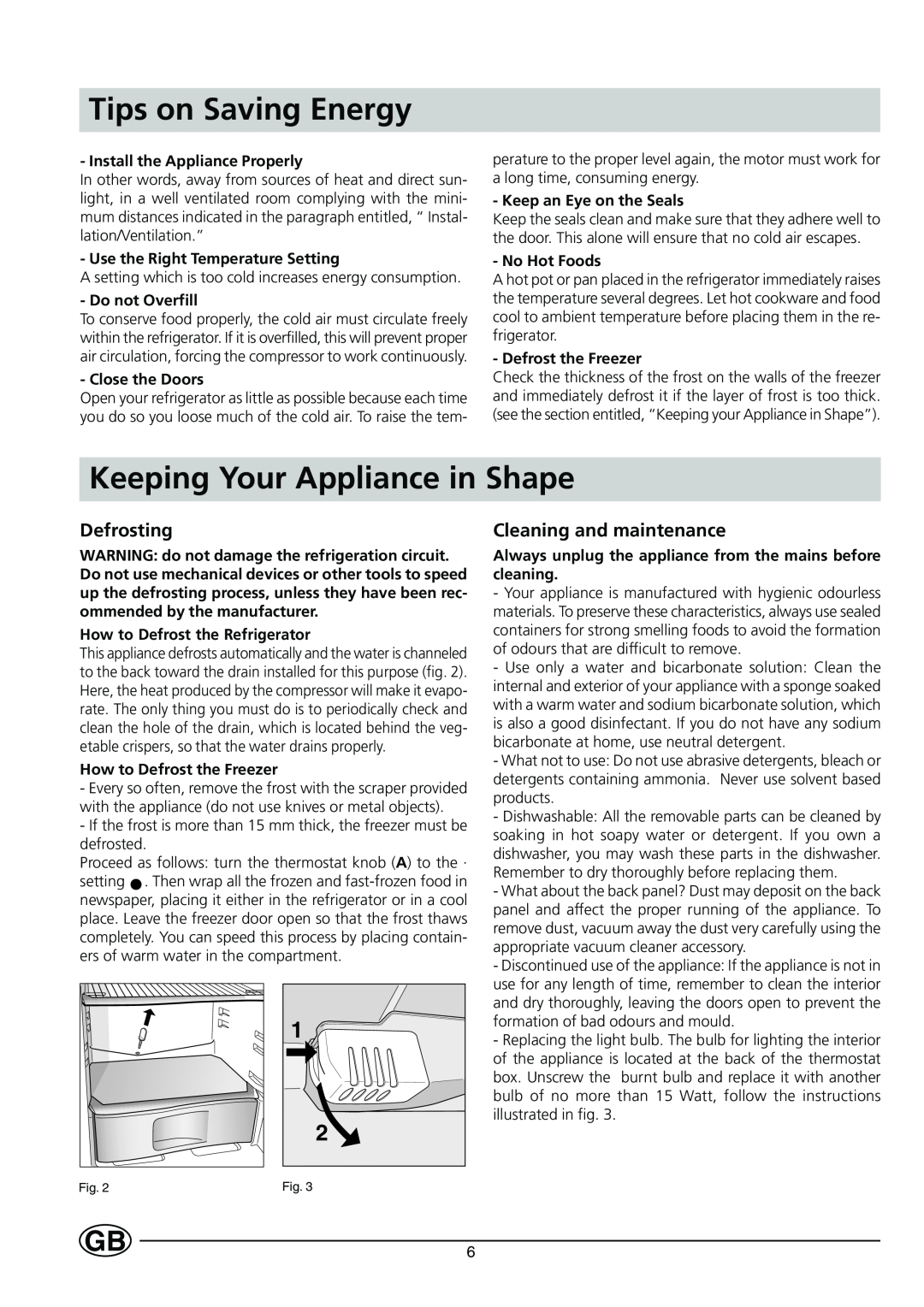 Indesit R 24 - R 24 S manual Tips on Saving Energy, Keeping Your Appliance in Shape, Defrosting, Cleaning and maintenance 