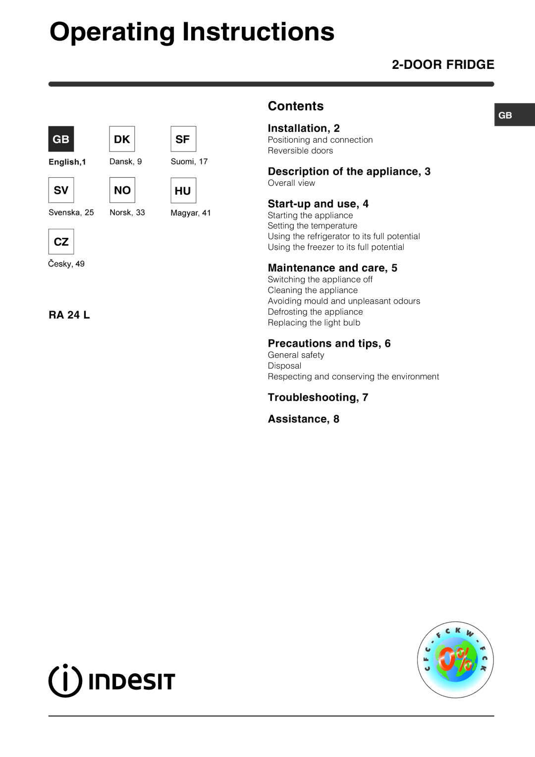 Indesit RA 24 L operating instructions Operating Instructions, Door Fridge 