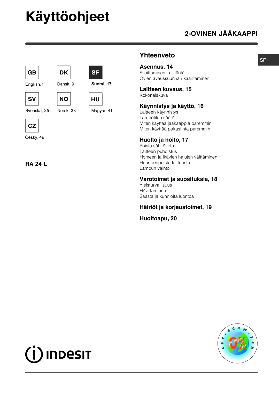 Indesit RA 24 L operating instructions Käyttöohjeet 