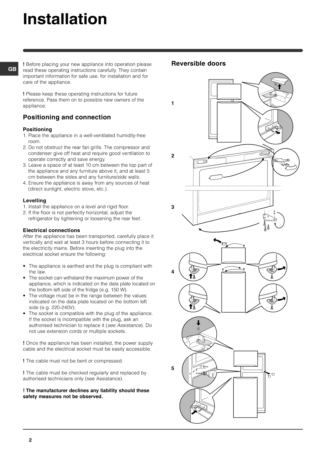 Indesit RA 24 L operating instructions Installation, Positioning and connection, Reversible doors 