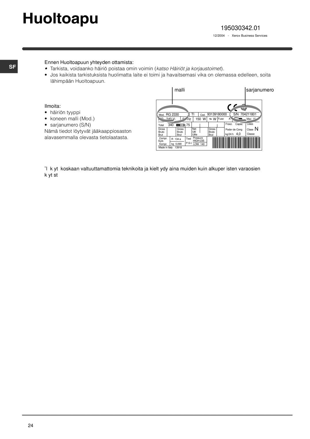 Indesit RA 24 L operating instructions Huoltoapu, 195030342.01 