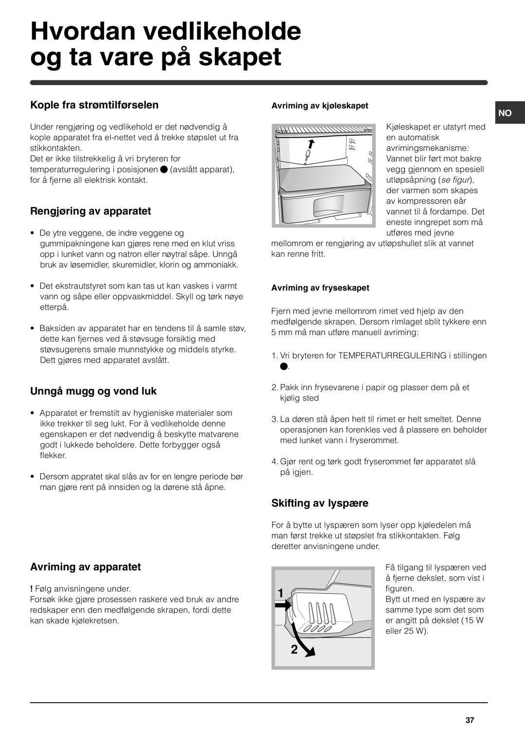 Indesit RA 24 L operating instructions Hvordan vedlikeholde og ta vare på skapet 