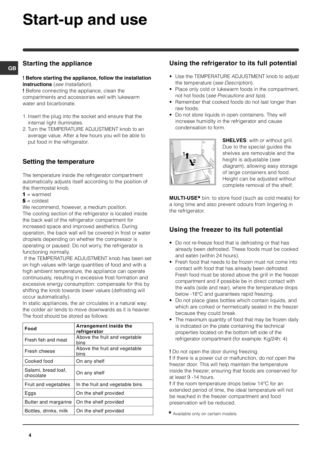 Indesit RA 24 L Start-up and use, Starting the appliance, Using the refrigerator to its full potential 