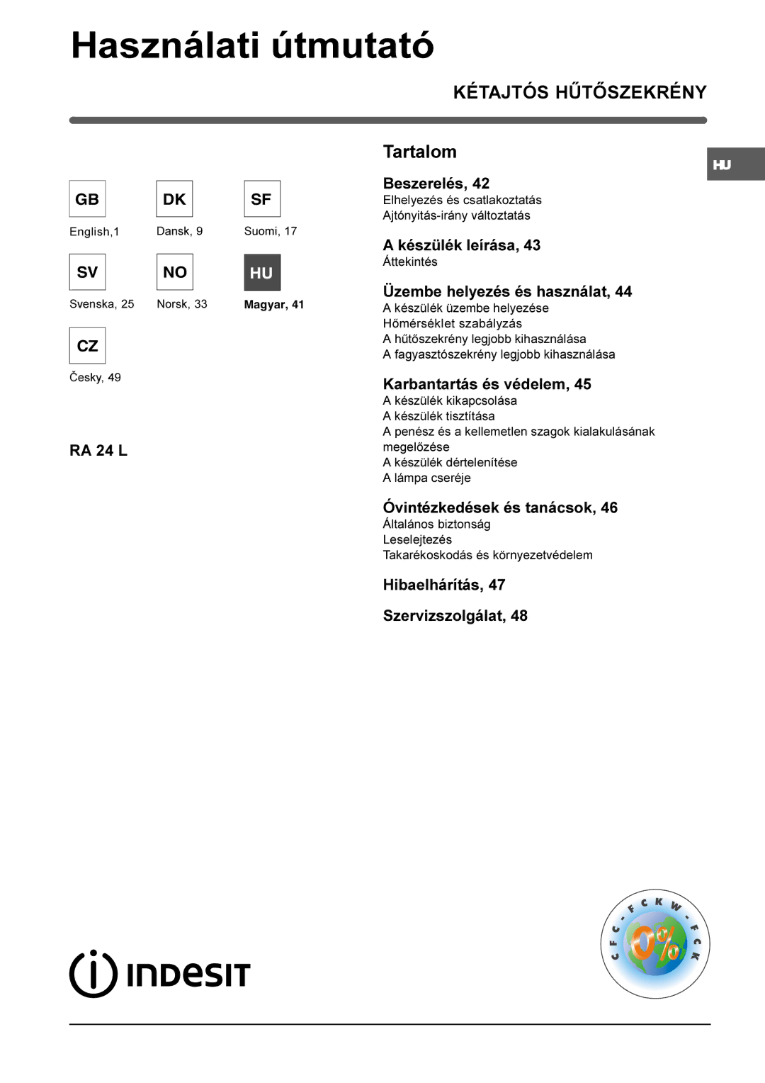 Indesit RA 24 L operating instructions Használati útmutató 