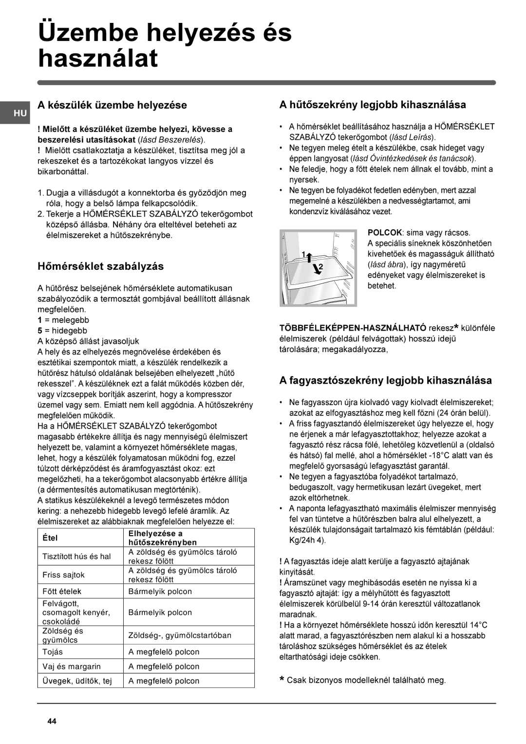 Indesit RA 24 L Üzembe helyezés és használat, Készülék üzembe helyezése, Hûtõszekrény legjobb kihasználása, WWpWHOHN 