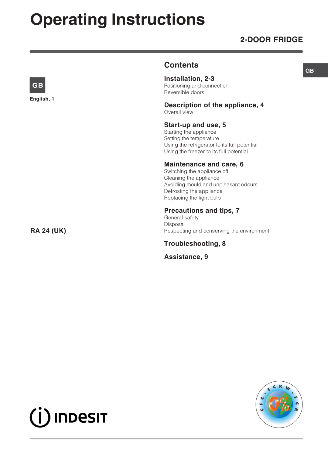 Indesit RA 24 (UK) manual Operating Instructions, Door Fridge 