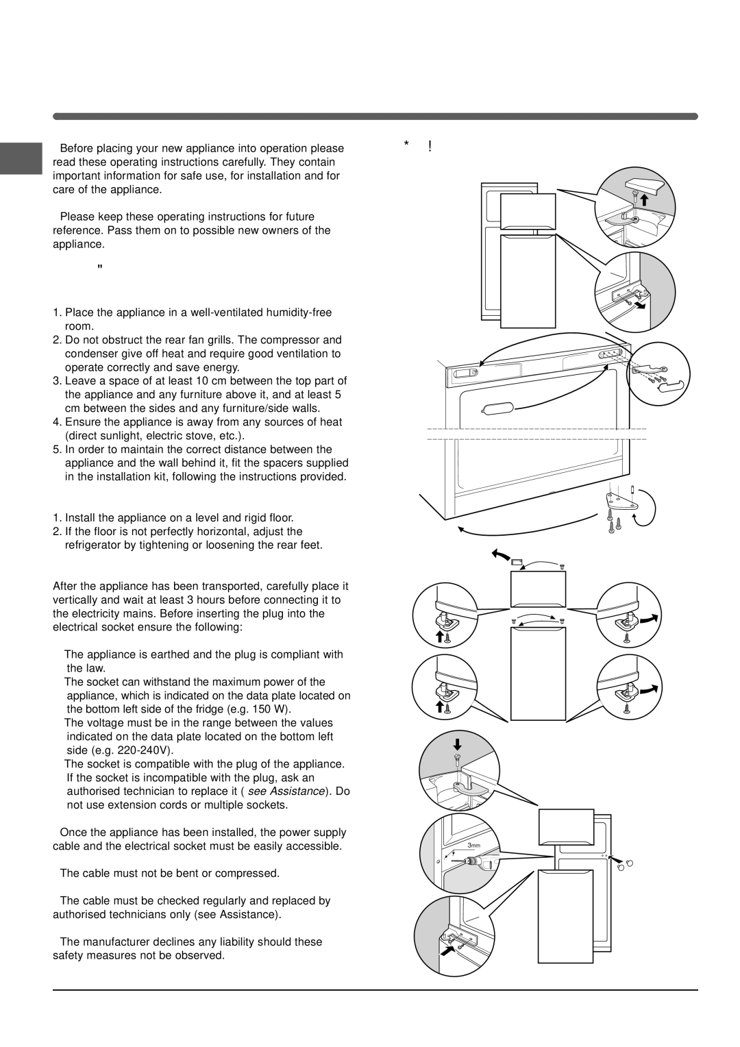 Indesit RA 24I S manual Installation, Positioning and connection, Reversible doors 