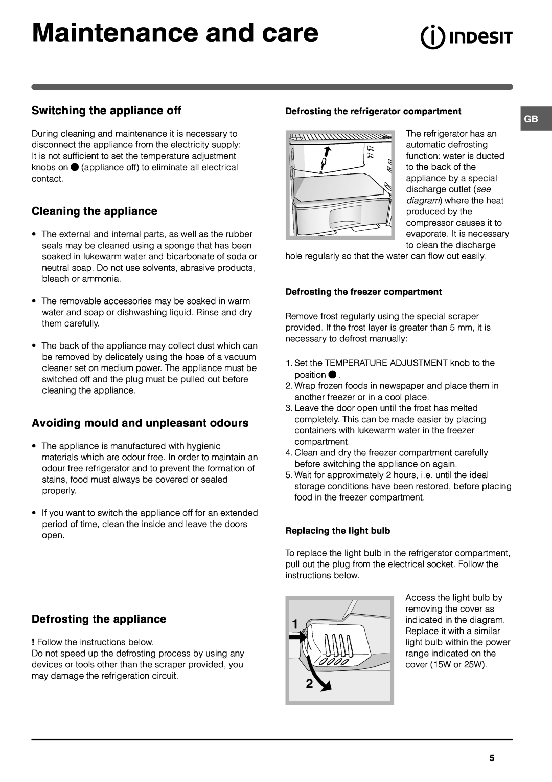 Indesit RA 24I S manual Maintenance and care, Switching the appliance off, Cleaning the appliance, Defrosting the appliance 