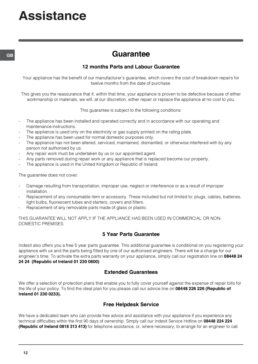 Indesit Refrigerator manual Assistance, Guarantee 