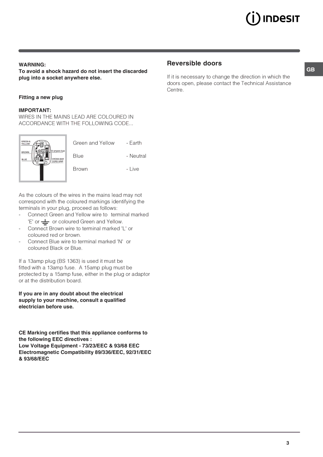 Indesit Refrigerator manual Reversible doors 