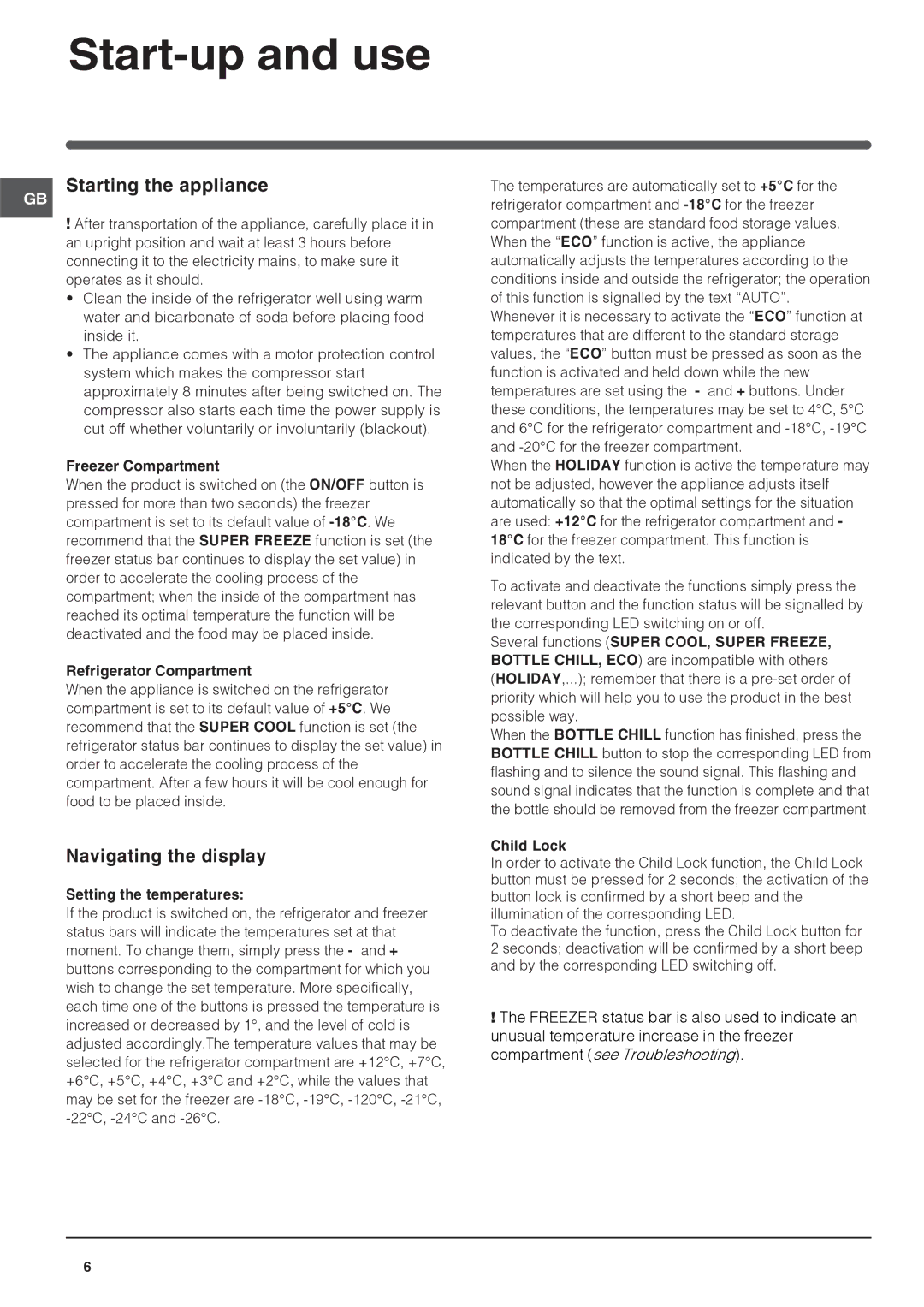 Indesit Refrigerator manual Start-up and use, Starting the appliance, Navigating the display 