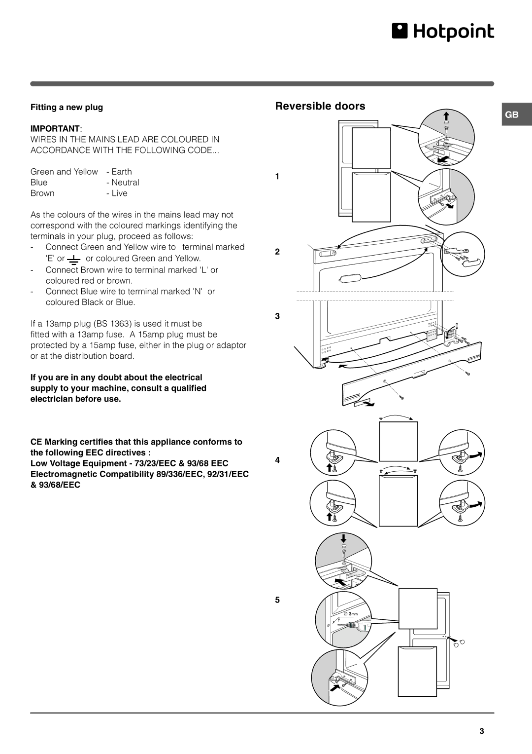 Indesit RF175BP operating instructions Reversible doors, Fitting a new plug 